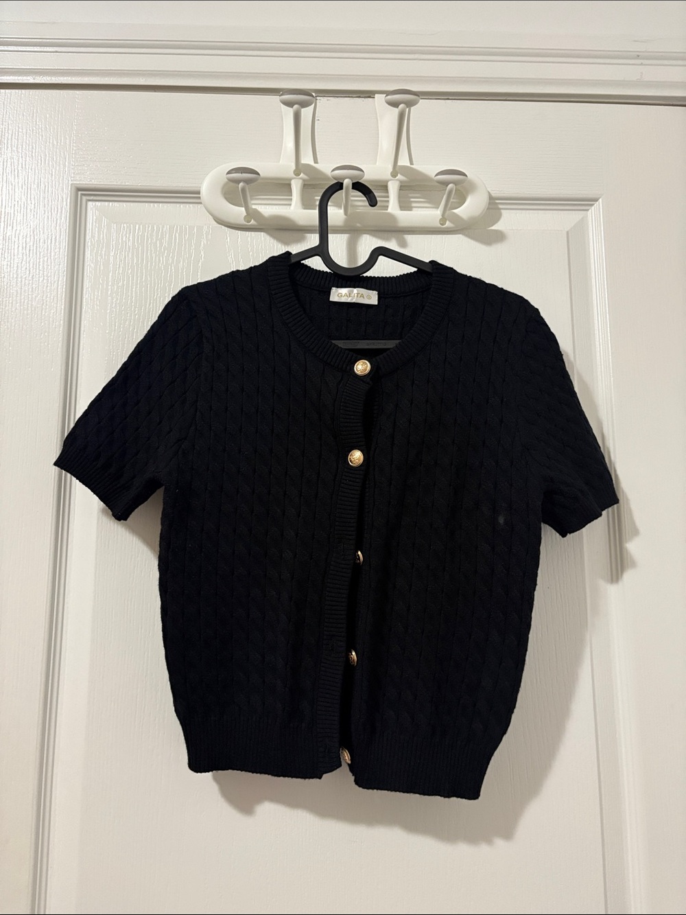 Black Short-Sleeve Cable Knit Cardigan with Gold Buttons